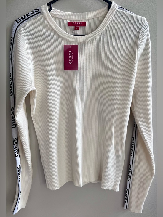 Guess Tops - GUESS Cream Ribbed Long-Sleeve Logo Tape Sleeve Sweater